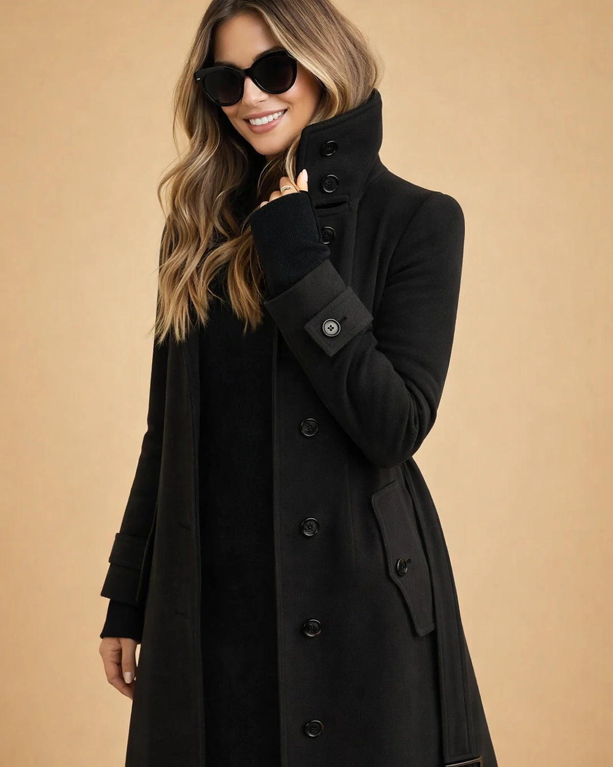 Women's Coat with Belt and Stand Collar, Double Breasted Wool Military Style for Winter – Eliza Jane