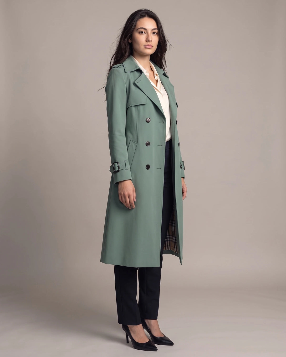 Women's Trench Coat with Belt, Storm Flap and Epaulettes, Double-Breasted – Kira