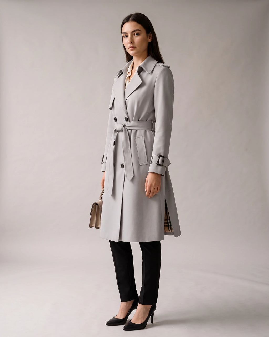 Women's Trench Coat with Belt, Storm Flap and Epaulettes, Double-Breasted – Kira