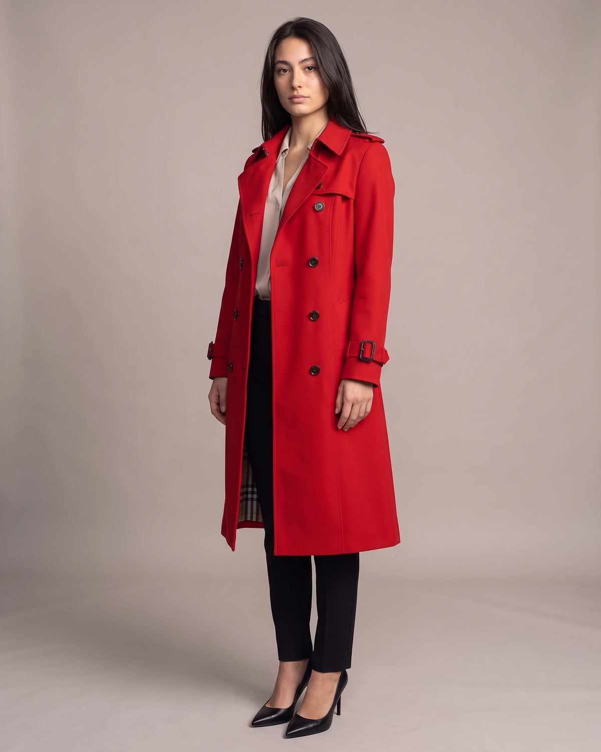 Women's Trench Coat with Belt, Storm Flap and Epaulettes, Double-Breasted – Kira