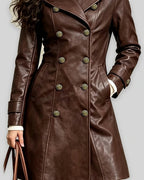 Women's Coat in Brown Faux Leather with Belt and Notch Lapels, Double-Breasted – Josie Mae