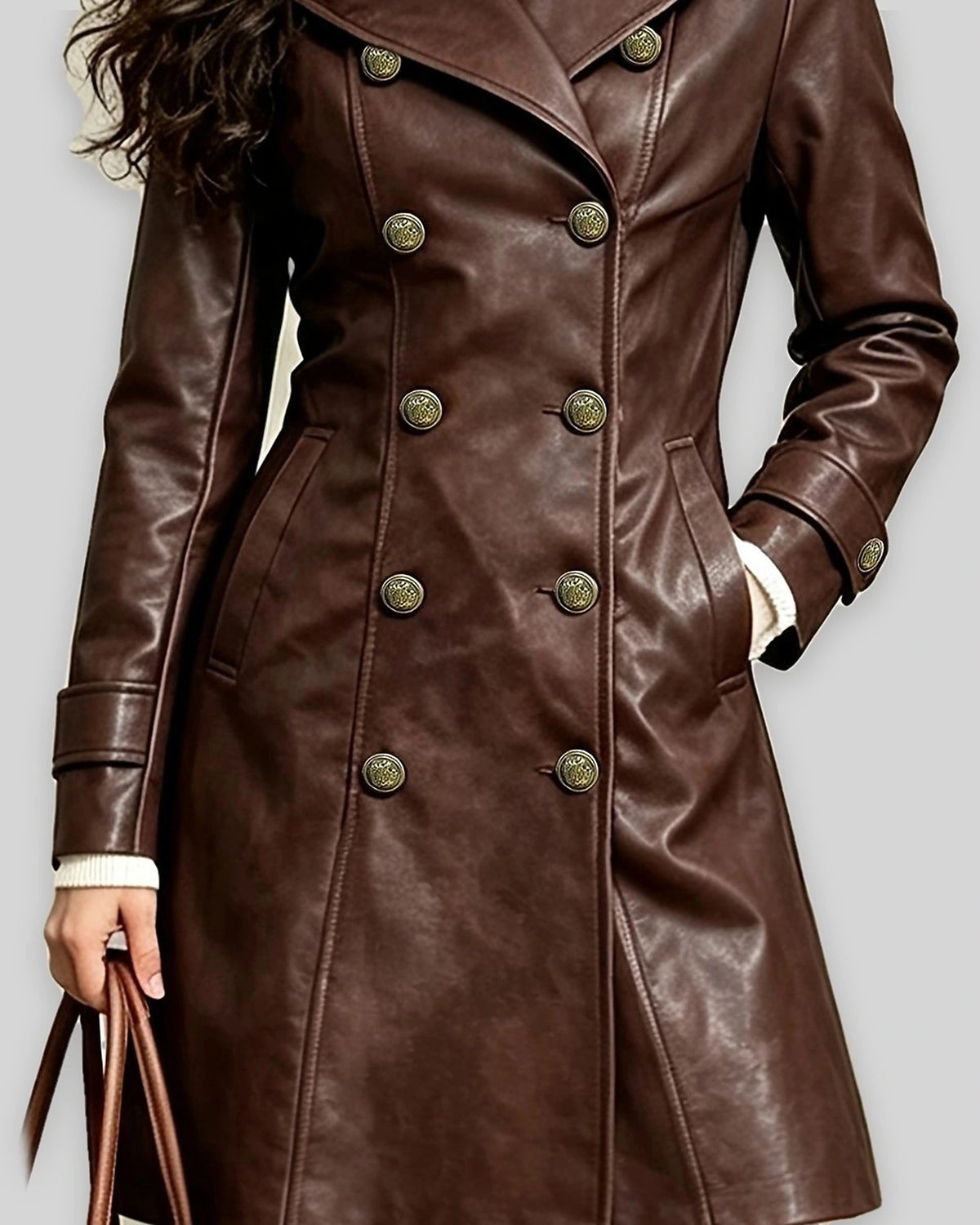 Women's Coat in Brown Faux Leather with Belt and Notch Lapels, Double-Breasted – Josie Mae