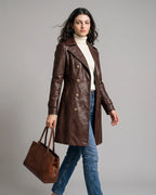 Women's Coat in Brown Faux Leather with Belt and Notch Lapels, Double-Breasted – Josie Mae