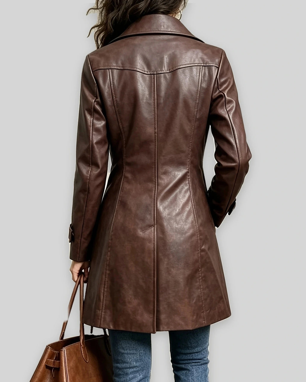 Women's Coat in Brown Faux Leather with Belt and Notch Lapels, Double-Breasted – Josie Mae