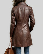 Women's Coat in Brown Faux Leather with Belt and Notch Lapels, Double-Breasted – Josie Mae