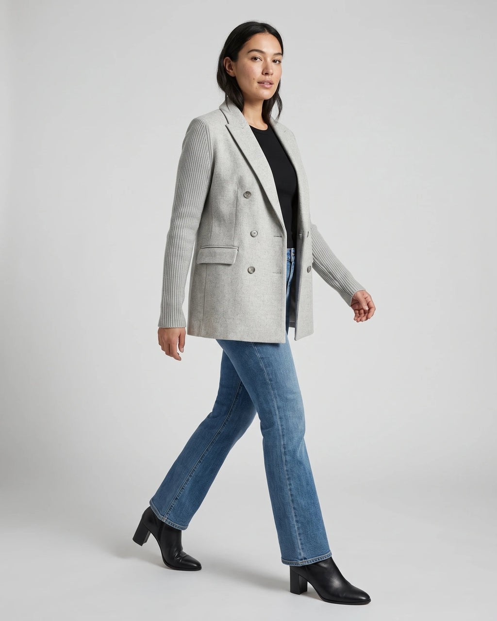Women's Double-Breasted Blazer in Wool Blend with Knit Sleeves, Wool Blend Blazer Women – Belle