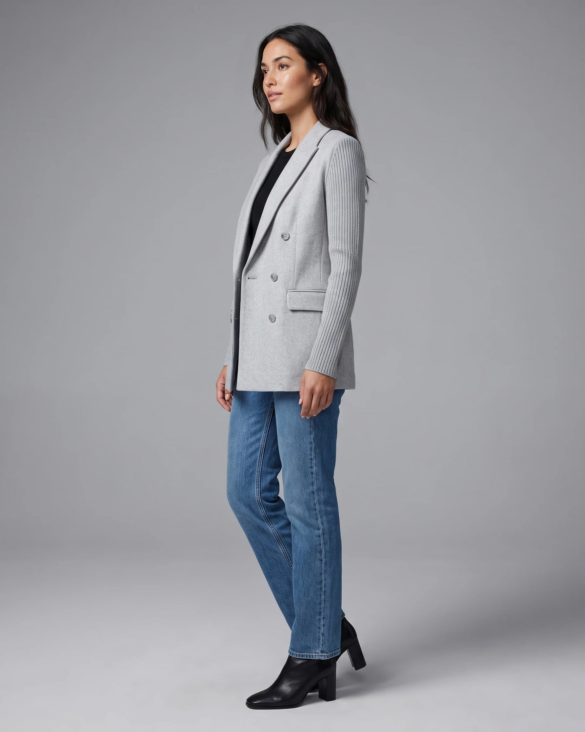 Women's Double-Breasted Blazer in Wool Blend with Knit Sleeves, Wool Blend Blazer Women – Belle