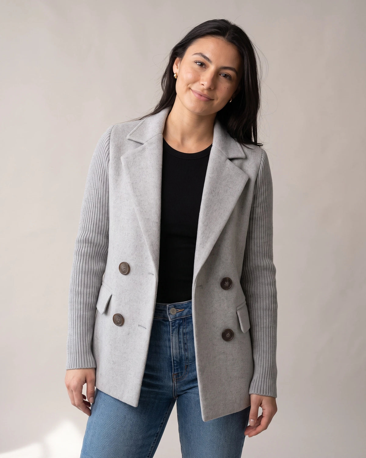 Women's Double-Breasted Blazer in Wool Blend with Knit Sleeves, Wool Blend Blazer Women – Belle