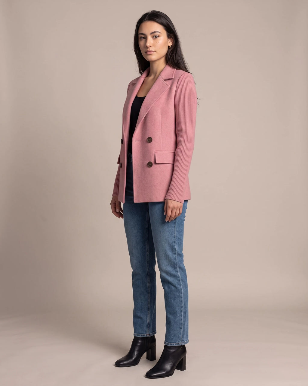 Women's Double-Breasted Blazer in Wool Blend with Knit Sleeves, Wool Blend Blazer Women – Belle
