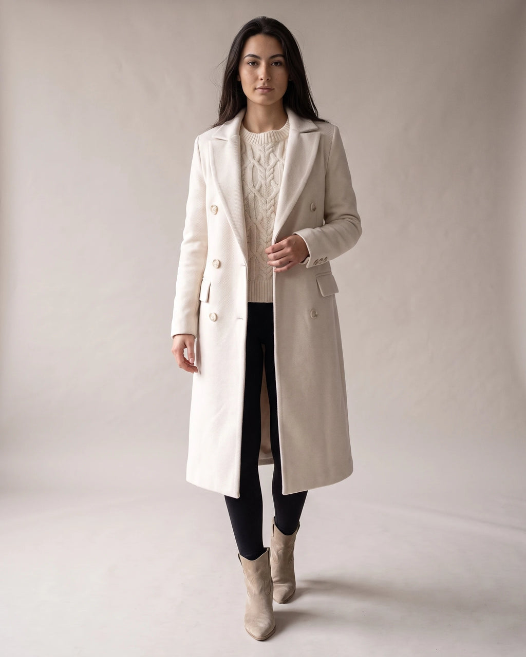 Women's Long Wool Coat with Notched Lapel and Flap Pockets, Double-Breasted