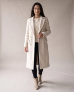 Women's Long Wool Coat with Notched Lapel and Flap Pockets, Double-Breasted