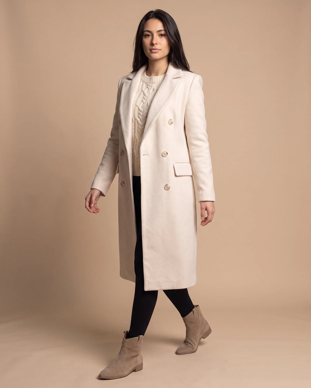 Women's Long Wool Coat with Notched Lapel and Flap Pockets, Double-Breasted