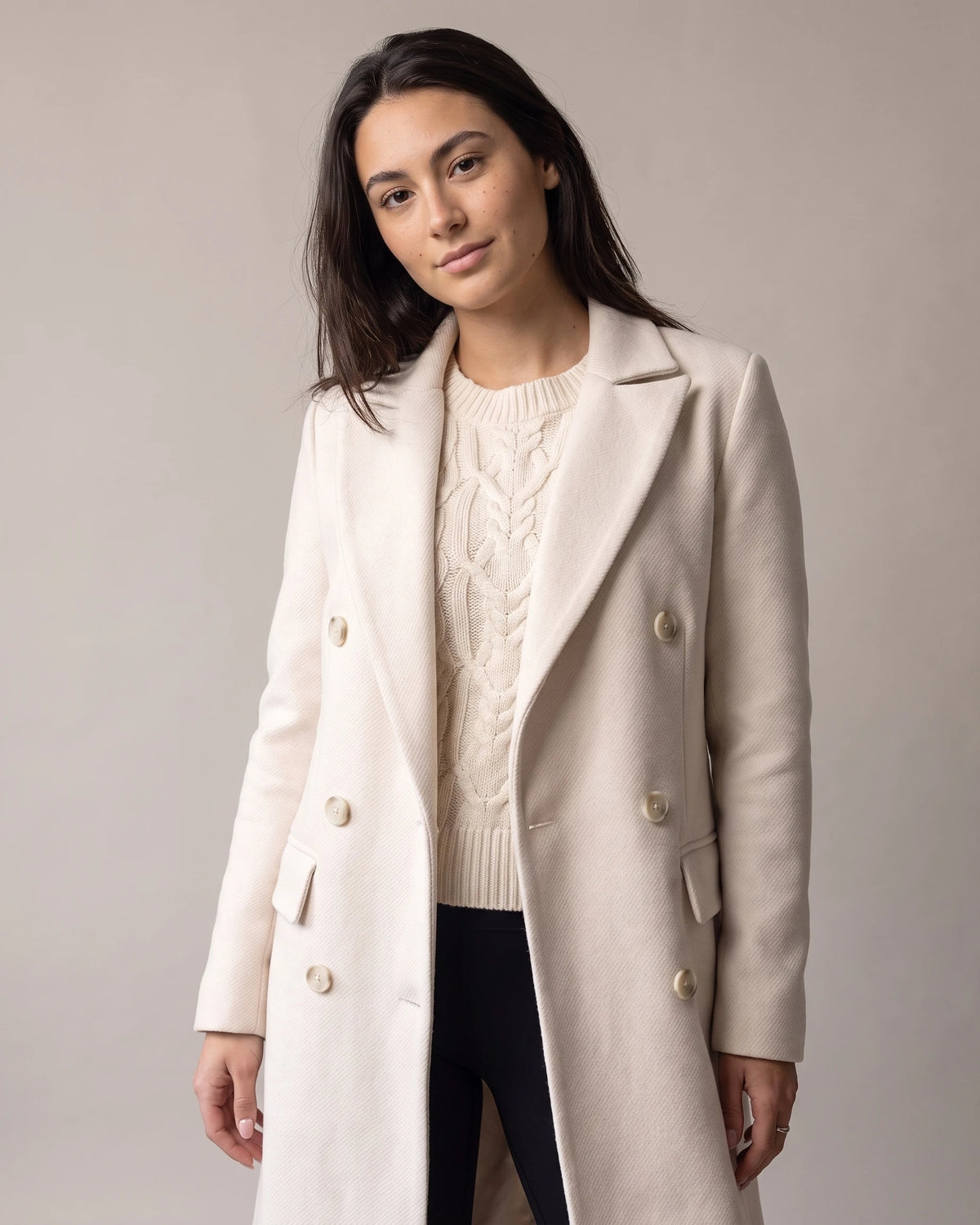 Women's Long Wool Coat with Notched Lapel and Flap Pockets, Double-Breasted