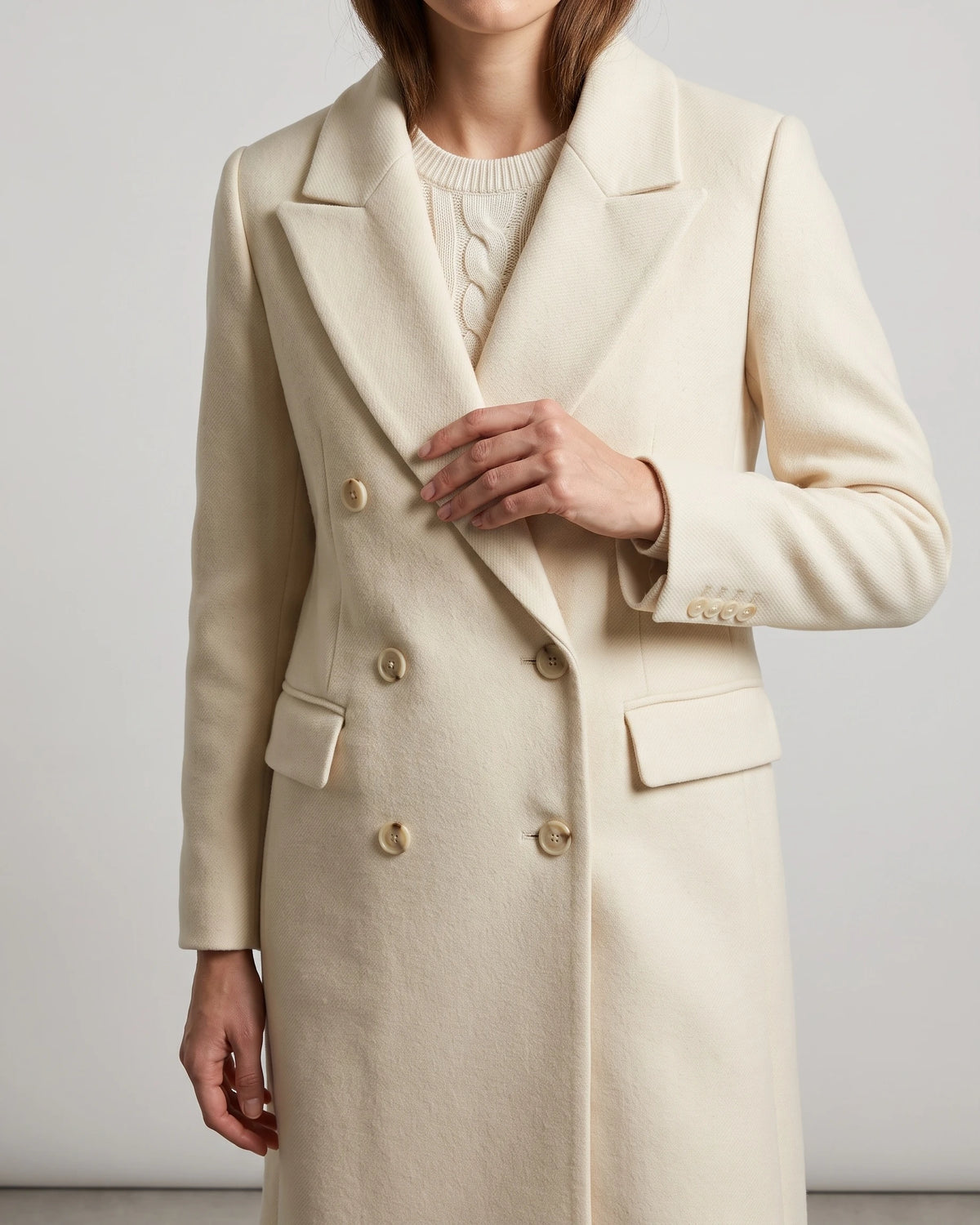 Women's Long Wool Coat with Notched Lapel and Flap Pockets, Double-Breasted