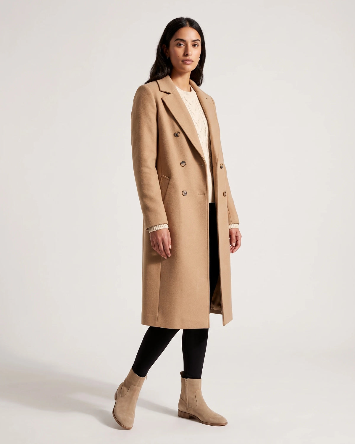 Women's Long Wool Coat with Notched Lapel and Flap Pockets, Double-Breasted