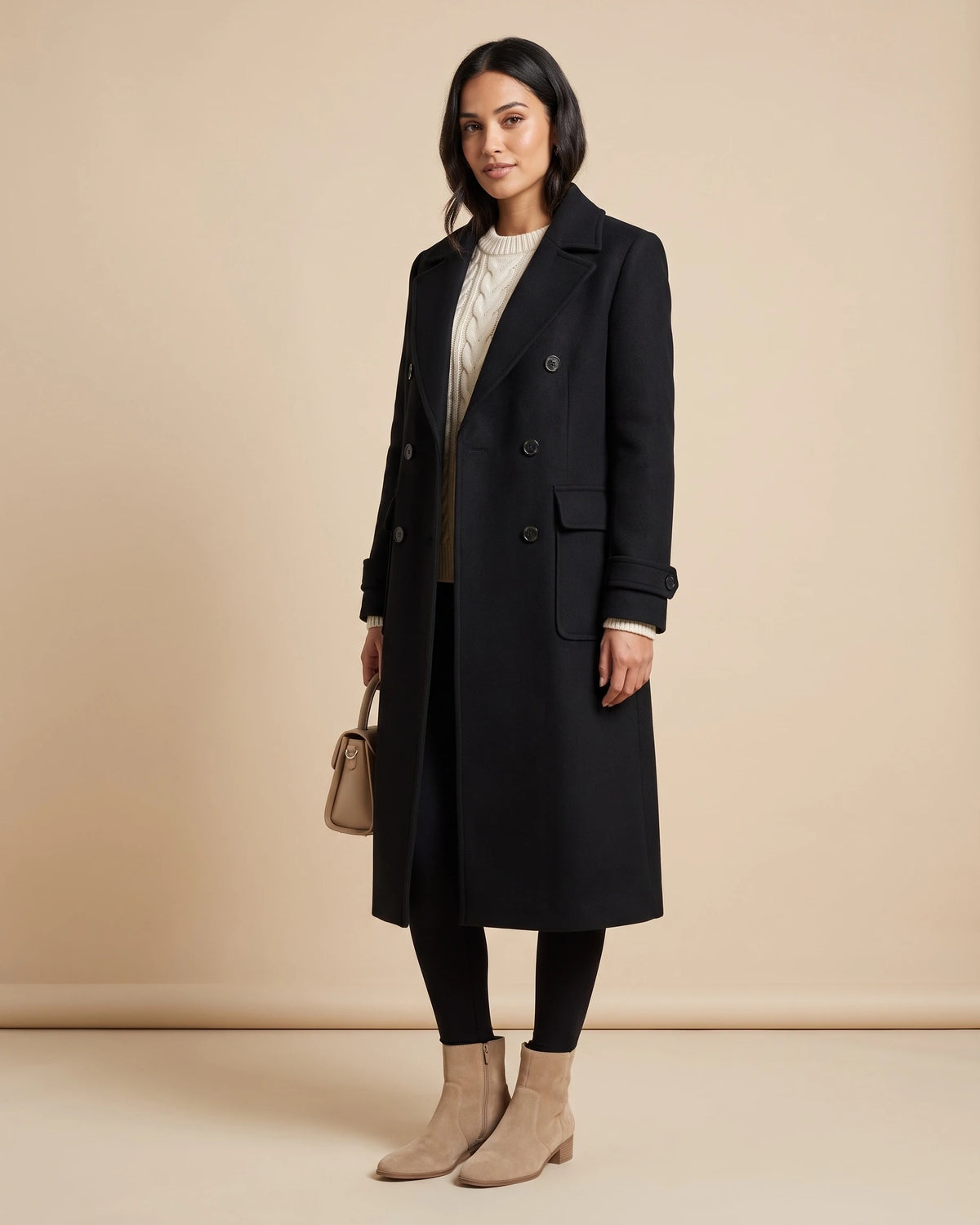 Women's Long Wool Coat with Notched Lapel and Flap Pockets, Double-Breasted