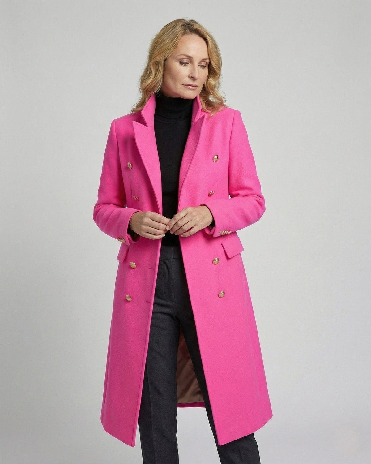 Women's Double-Breasted Longline Blazer Coat with Notch Lapel – Evie Jane