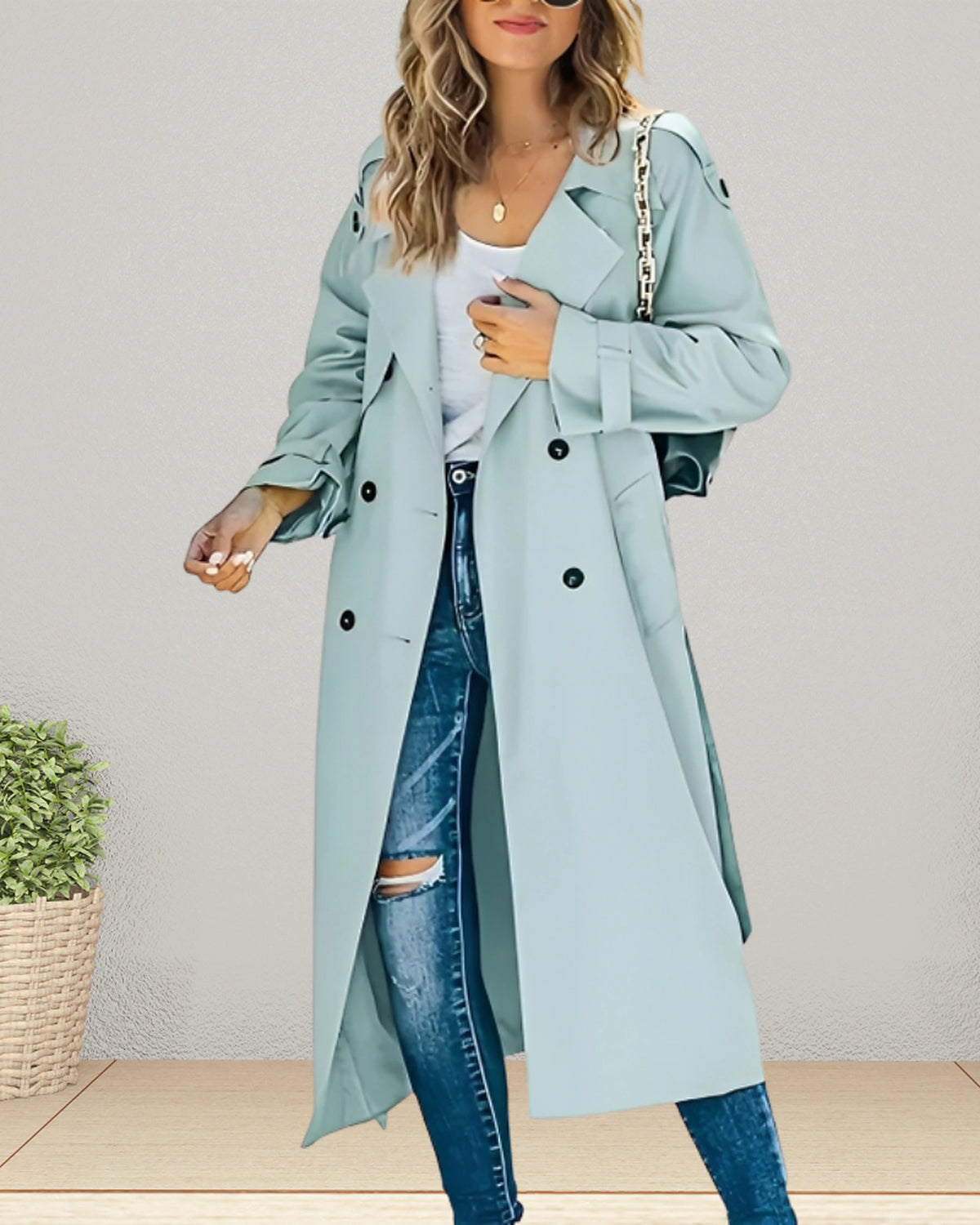 Women's Double-Breasted Longline Trench Coat with Turn-Down Collar and Belted Waist – Adele Grey