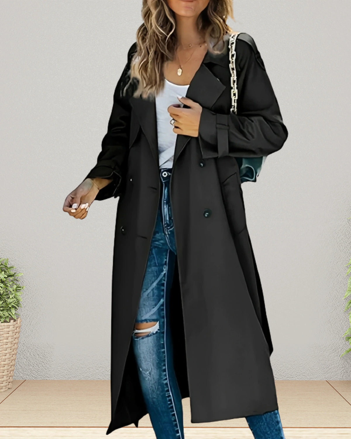 Women's Double-Breasted Longline Trench Coat with Turn-Down Collar and Belted Waist – Adele Grey