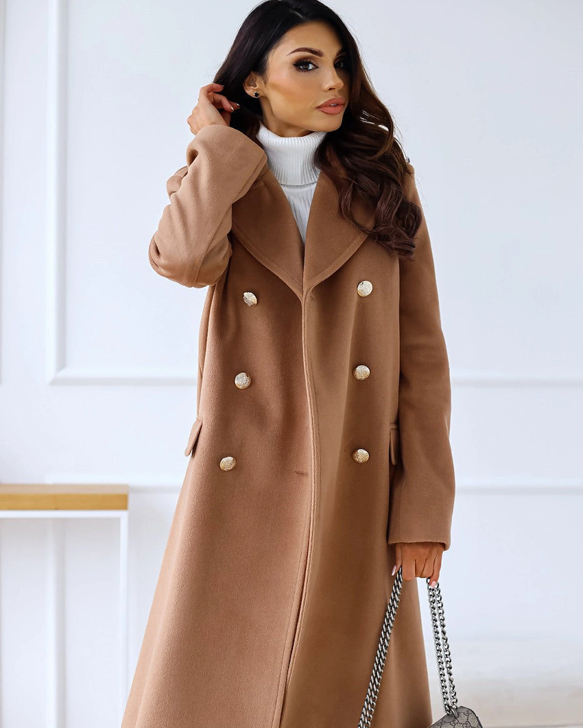 Women's Double-Breasted Longline Wool-Blend Coat with Notch Collar – Faye Lou