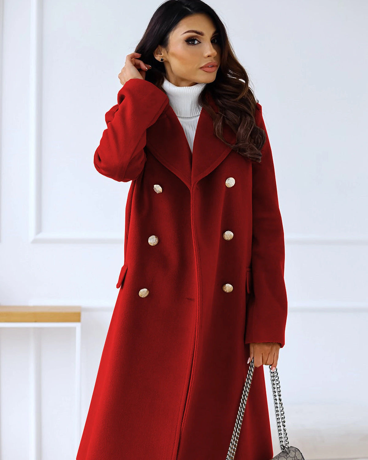 Women's Double-Breasted Longline Wool-Blend Coat with Notch Collar – Faye Lou