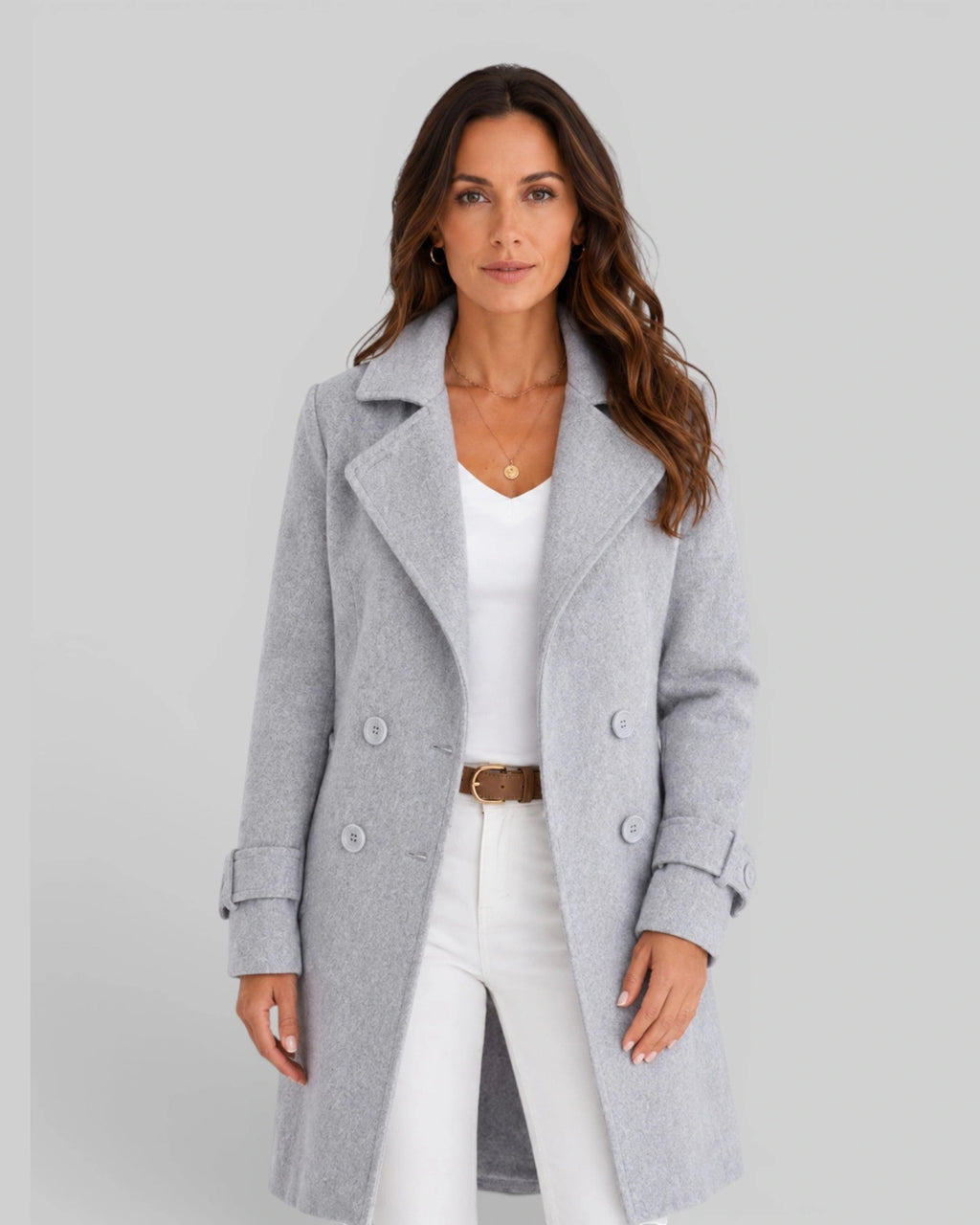 Women's Coat in Double-Breasted Longline Wool-Blend with Notch Lapels – Lottie Mae