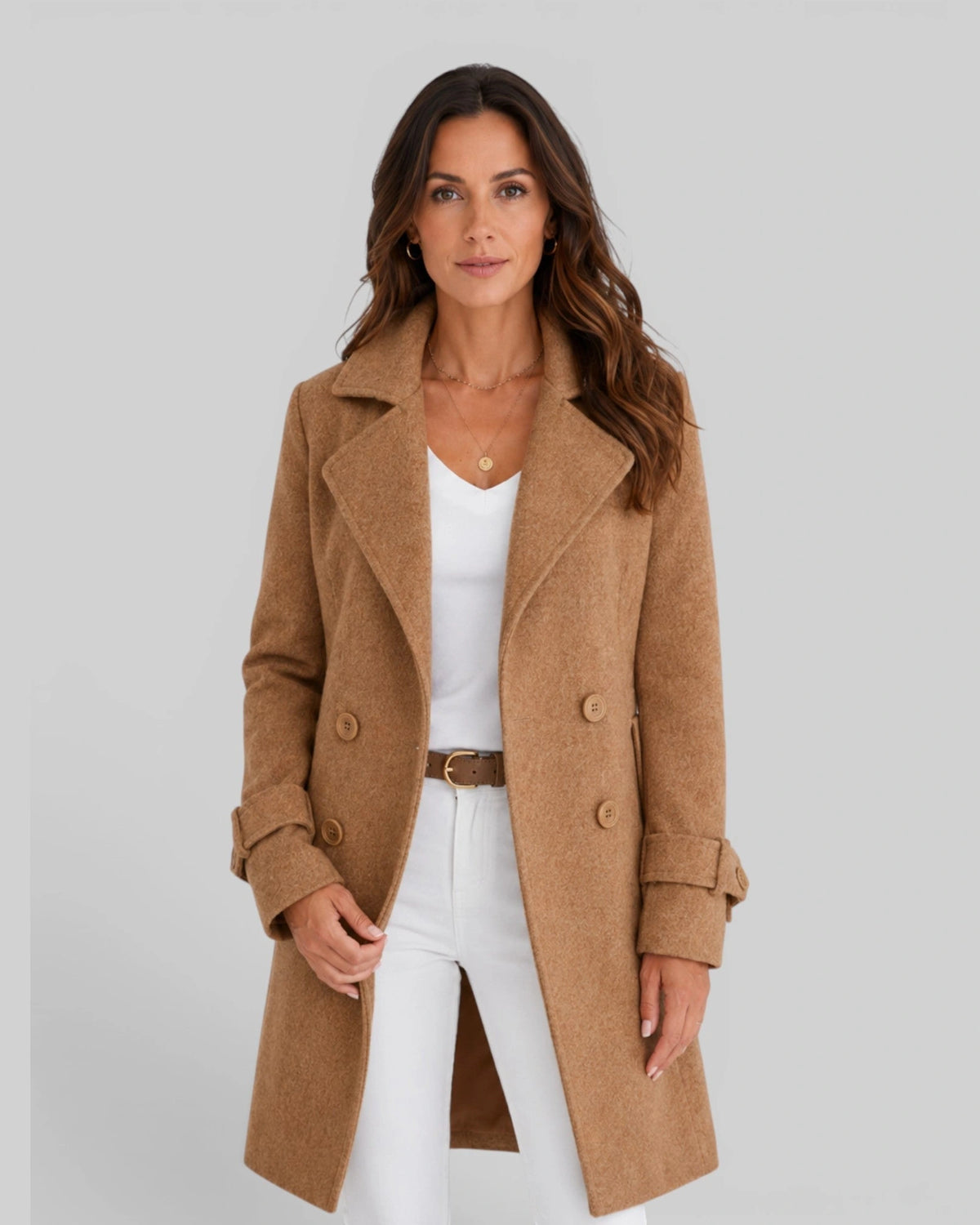 Women's Coat in Double-Breasted Longline Wool-Blend with Notch Lapels – Lottie Mae