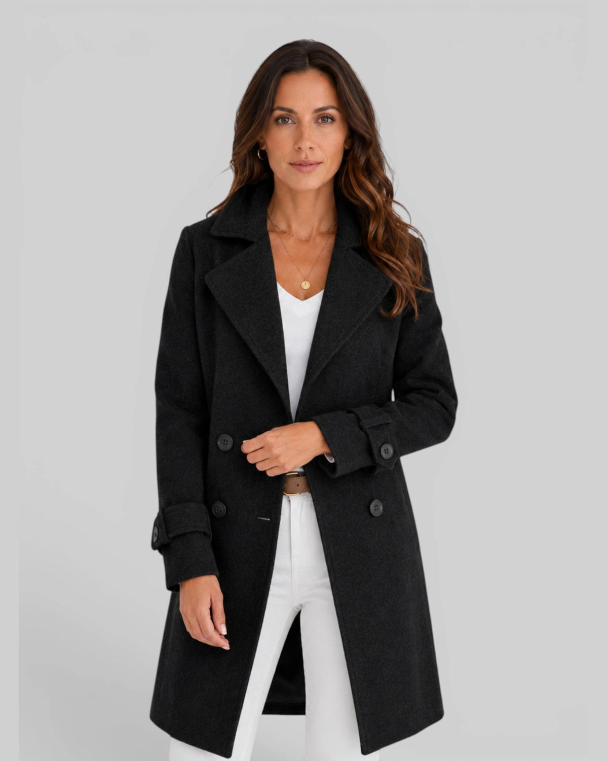 Women's Coat in Double-Breasted Longline Wool-Blend with Notch Lapels – Lottie Mae
