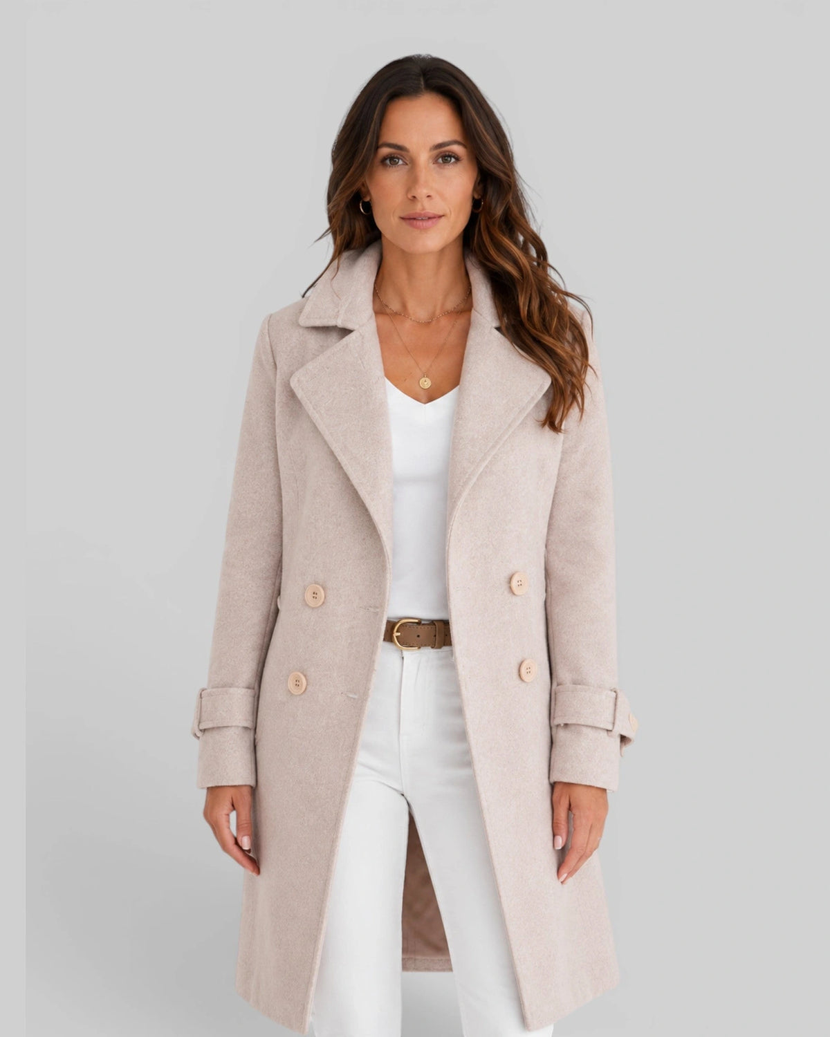 Women's Coat in Double-Breasted Longline Wool-Blend with Notch Lapels – Lottie Mae