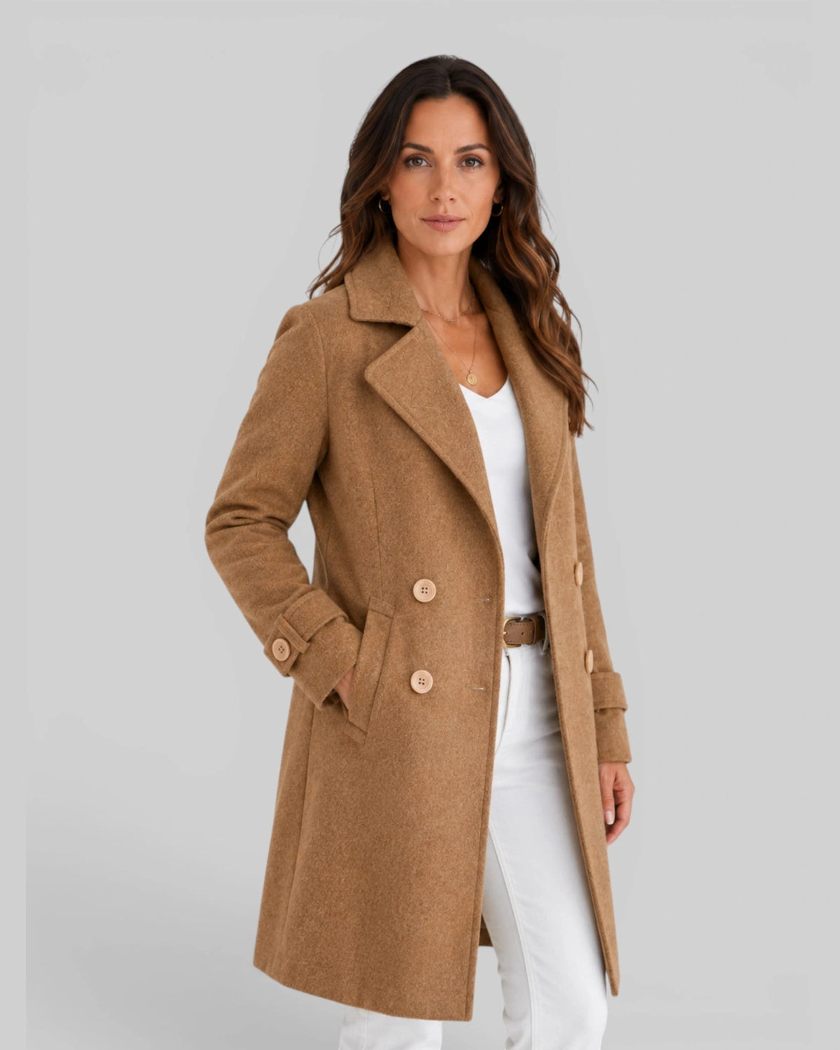 Women's Coat in Double-Breasted Longline Wool-Blend with Notch Lapels – Lottie Mae