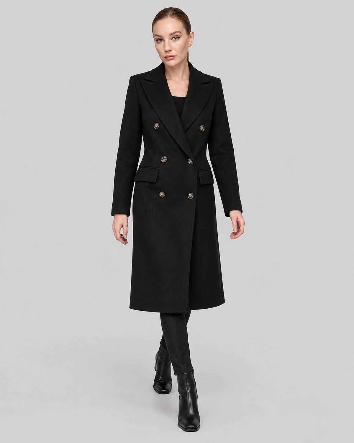 Women's Double Breasted Coat in Wool Blend with Notched Lapel, Longline Fit – Ingrid