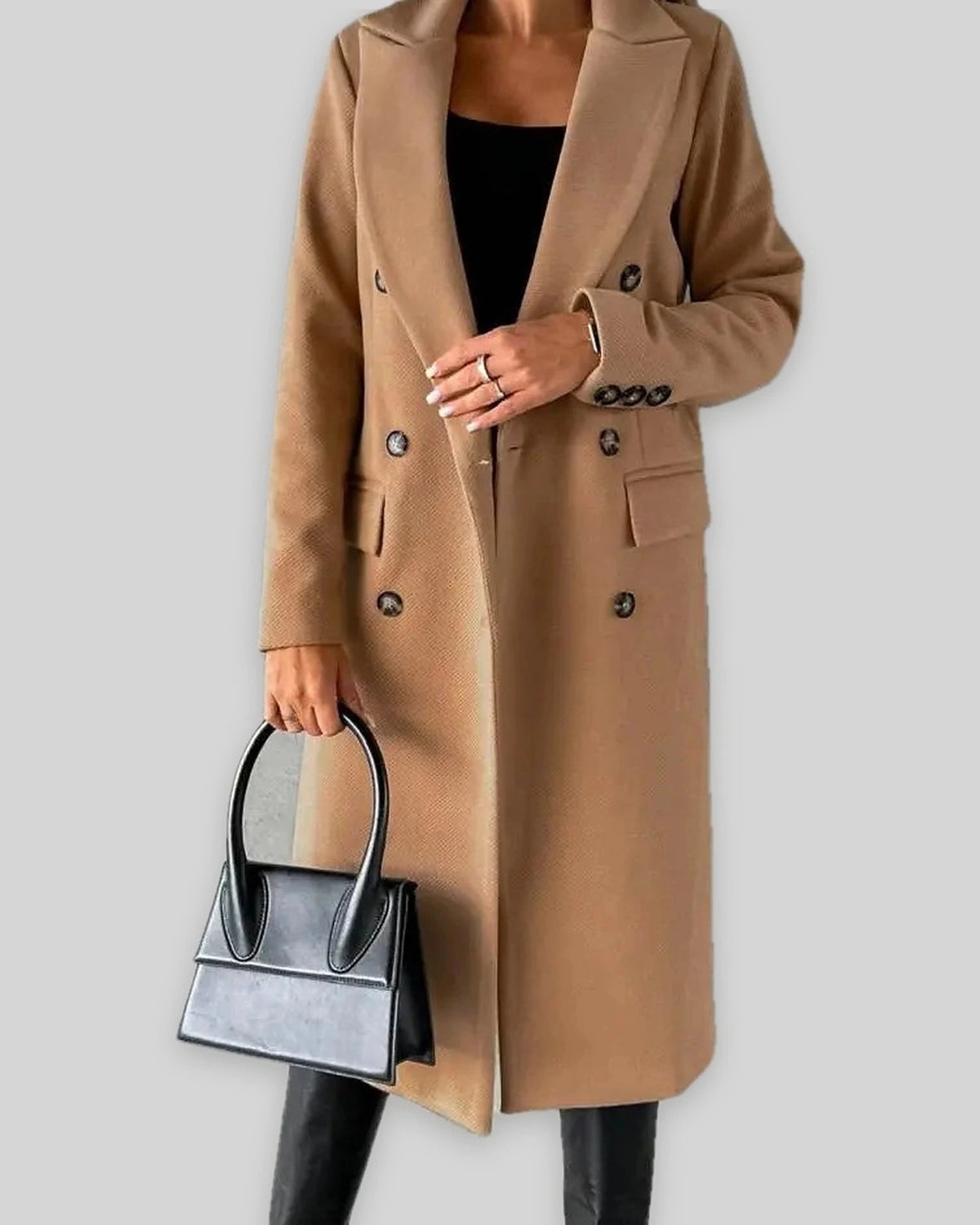 Women's Double Breasted Coat in Wool Blend with Notched Lapel, Longline Fit – Ingrid