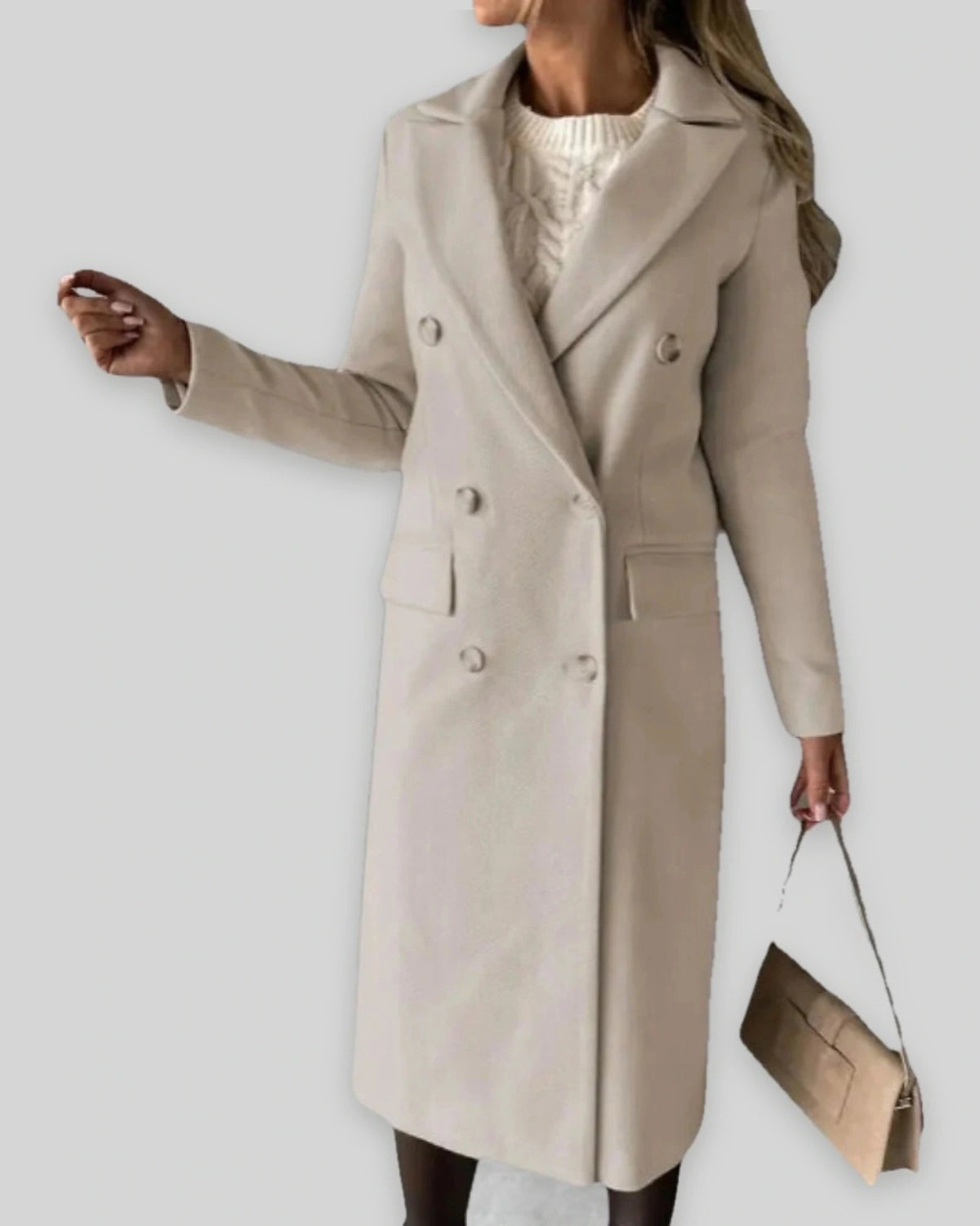 Women's Double Breasted Coat in Wool Blend with Notched Lapel, Longline Fit – Ingrid