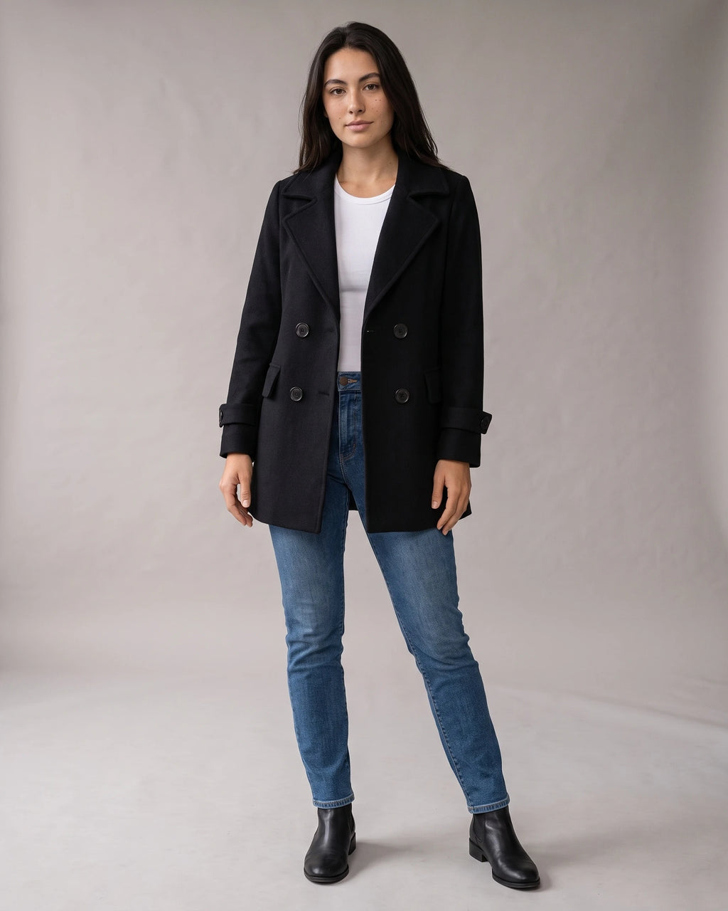 Women's Pea Coat, Double Breasted Coat with Notched Lapel and Flap Pockets – Rosalie