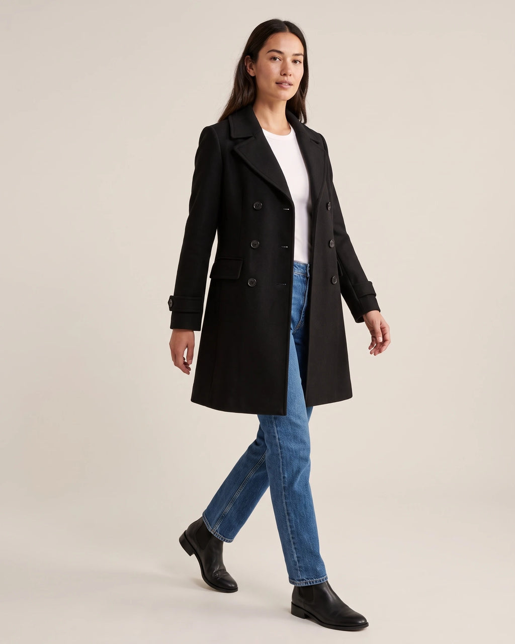 Women's Pea Coat, Double Breasted Coat with Notched Lapel and Flap Pockets – Rosalie