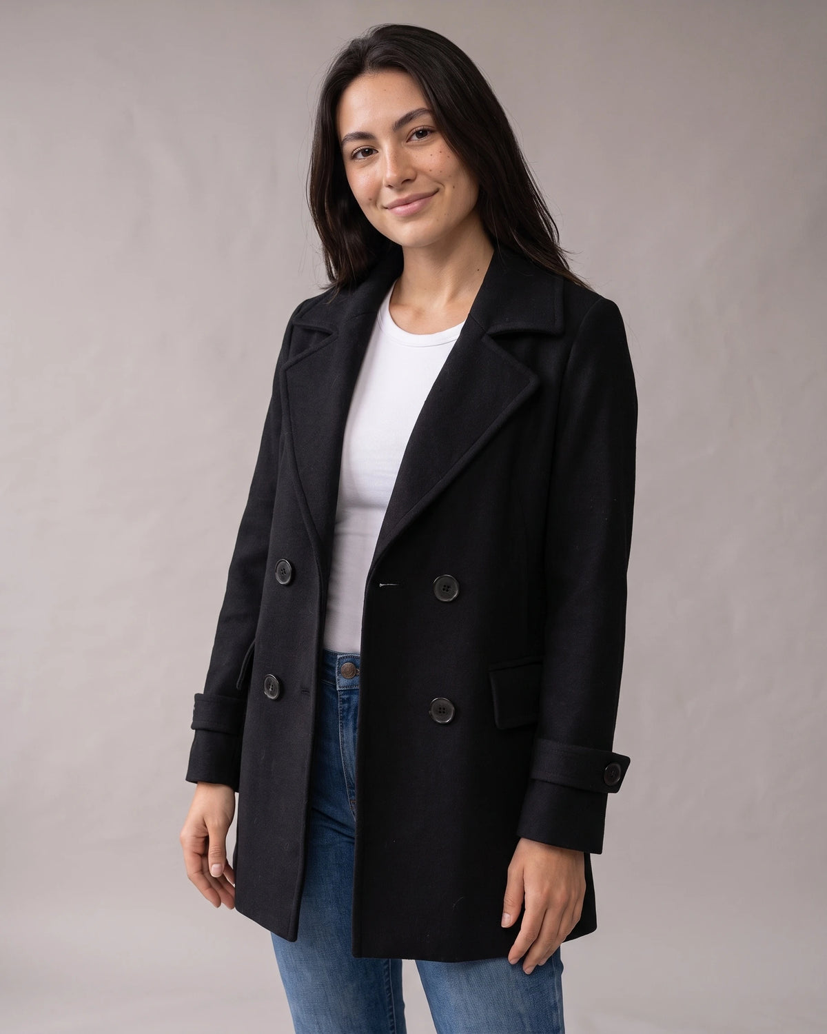 Women's Pea Coat, Double Breasted Coat with Notched Lapel and Flap Pockets – Rosalie