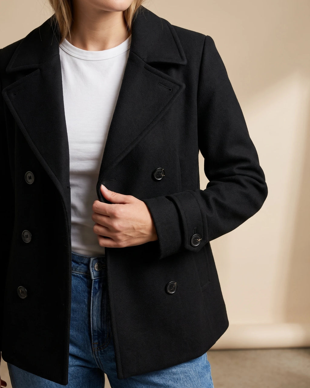 Women's Pea Coat, Double Breasted Coat with Notched Lapel and Flap Pockets – Rosalie