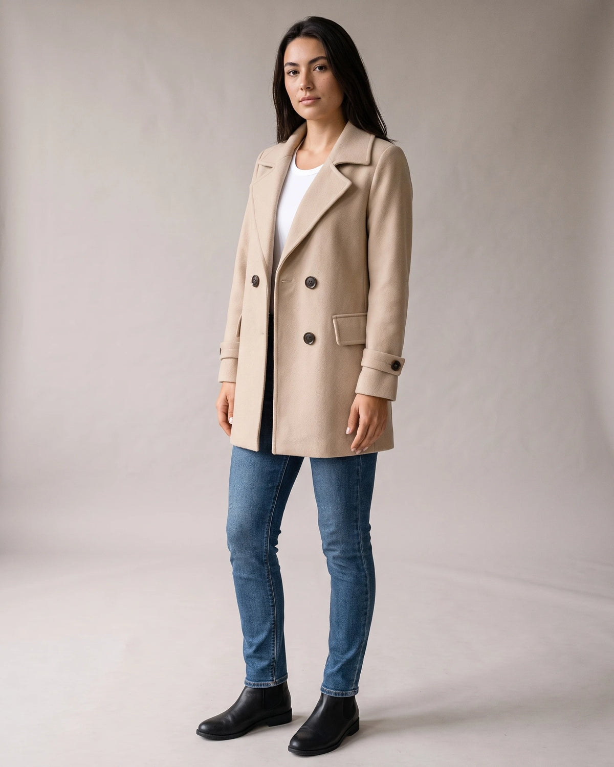 Women's Pea Coat, Double Breasted Coat with Notched Lapel and Flap Pockets – Rosalie