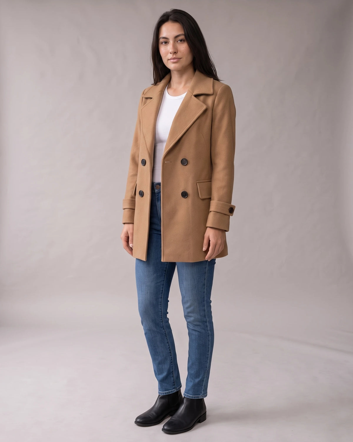 Women's Pea Coat, Double Breasted Coat with Notched Lapel and Flap Pockets – Rosalie