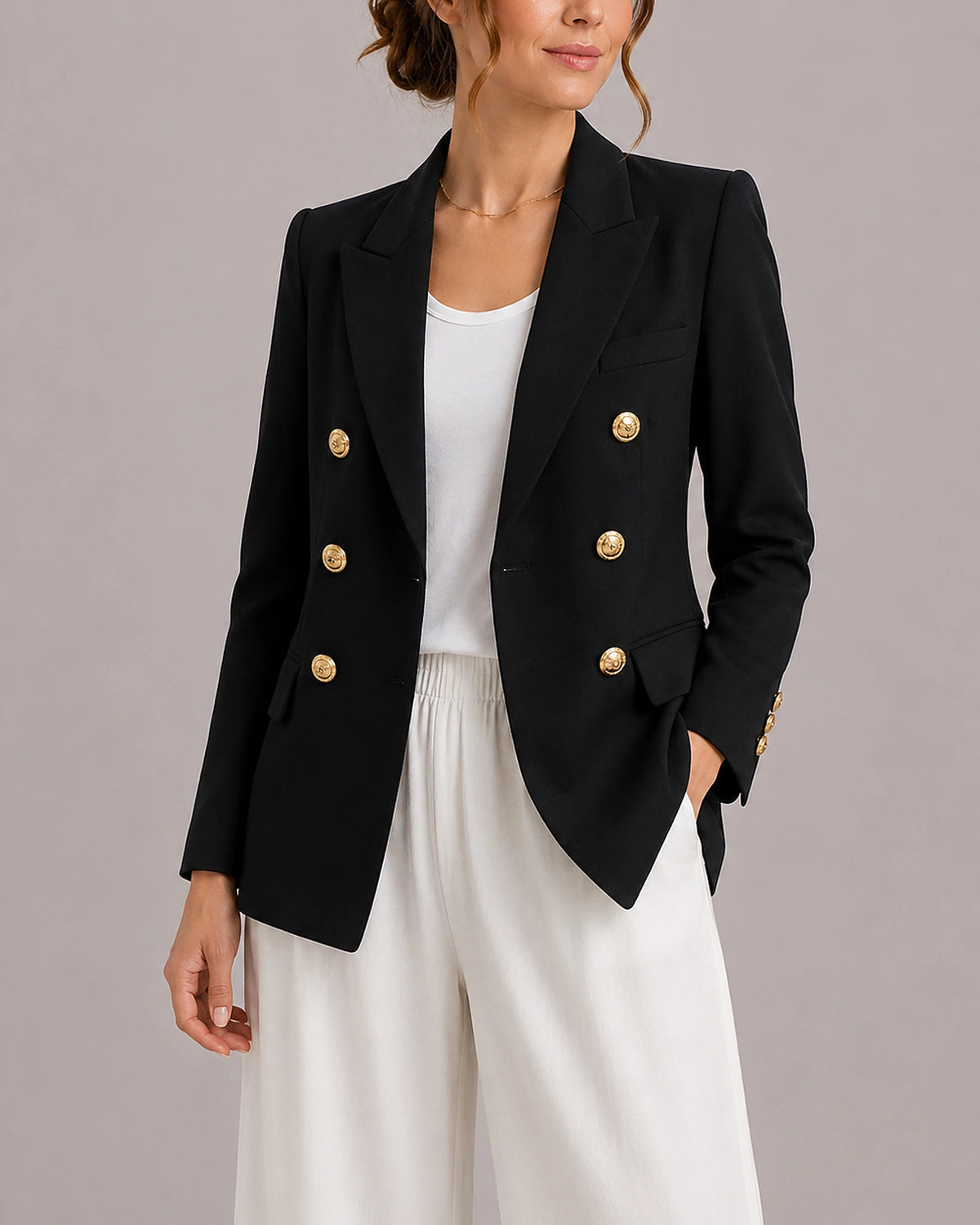 Women's Double-Breasted Blazer Jacket with Gold Buttons, Tailored Fit – Kaia