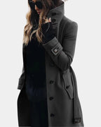 Women's Double-Breasted Trench Coat with Stand Collar and Tie Belt – Evie Grey