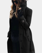 Women's Double-Breasted Trench Coat with Stand Collar and Tie Belt – Evie Grey