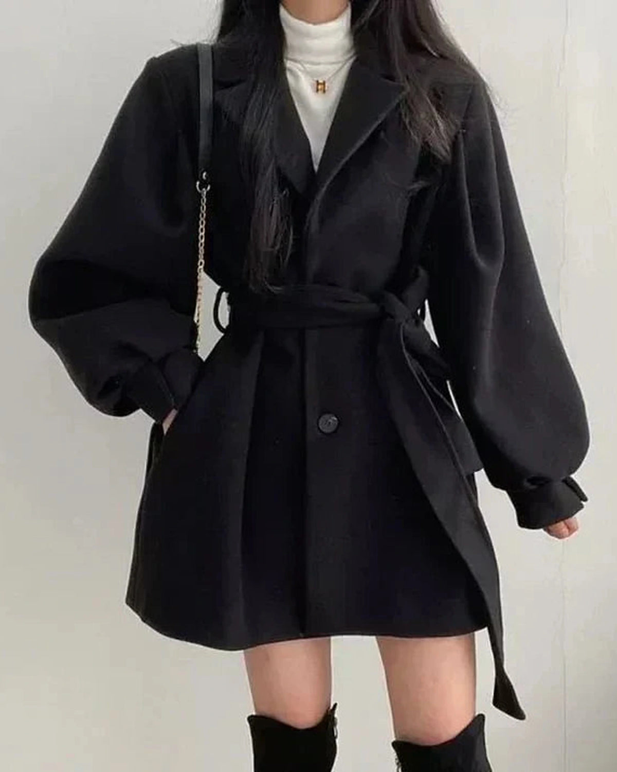 Women's Double-Breasted Wrap Coat with Tie Belt and Notch Lapel, Balloon Sleeves – Jade Grey