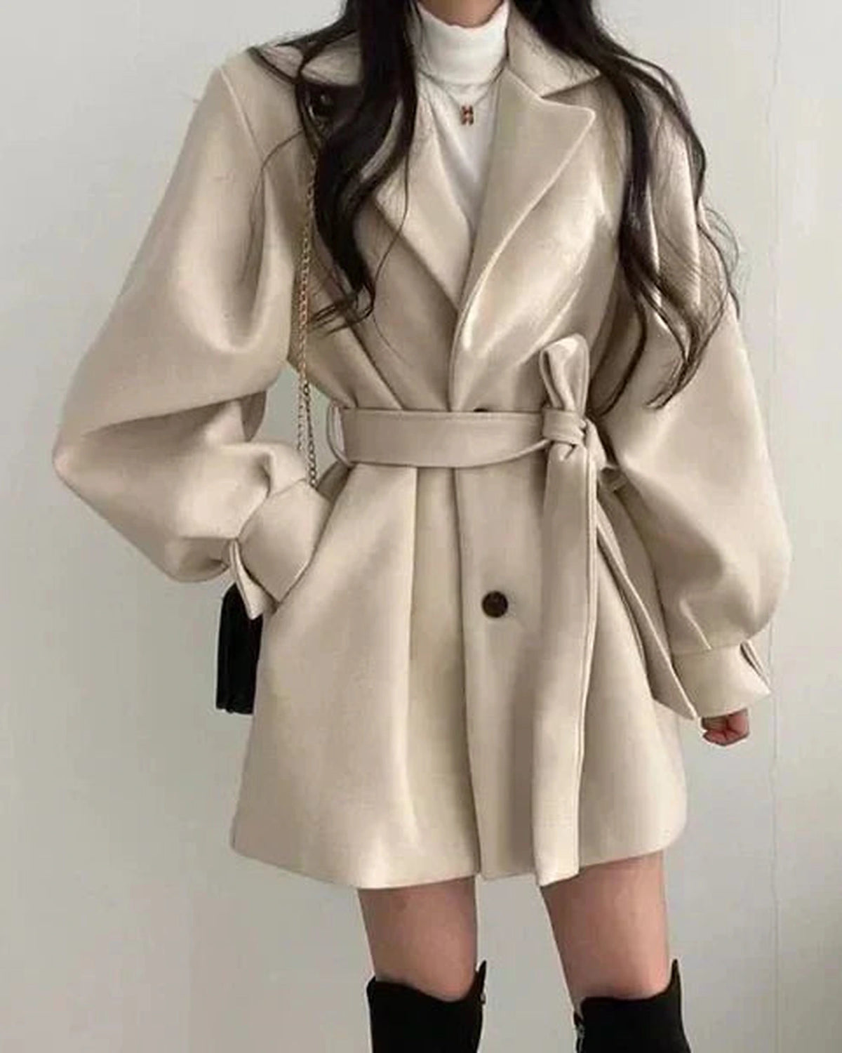 Women's Double-Breasted Wrap Coat with Tie Belt and Notch Lapel, Balloon Sleeves – Jade Grey