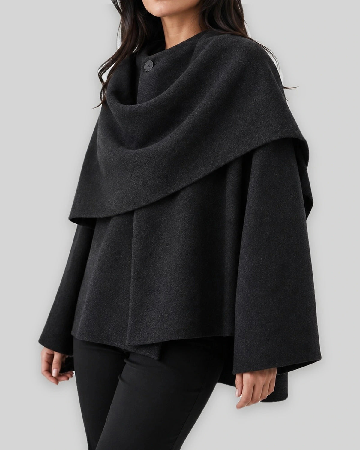 Women's Coat with Draped Cape Collar, Scarf Neck and Button Detail – Josie Lou