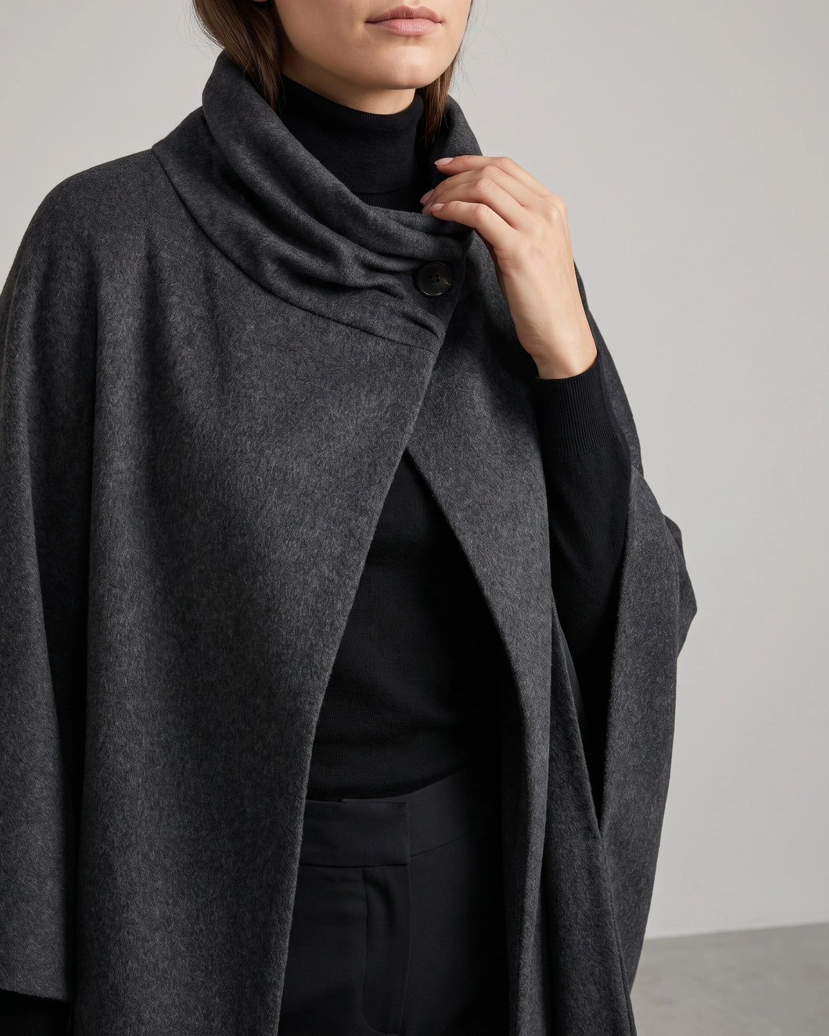 Women's Coat with Draped Cape Collar, Scarf Neck and Button Detail – Josie Lou