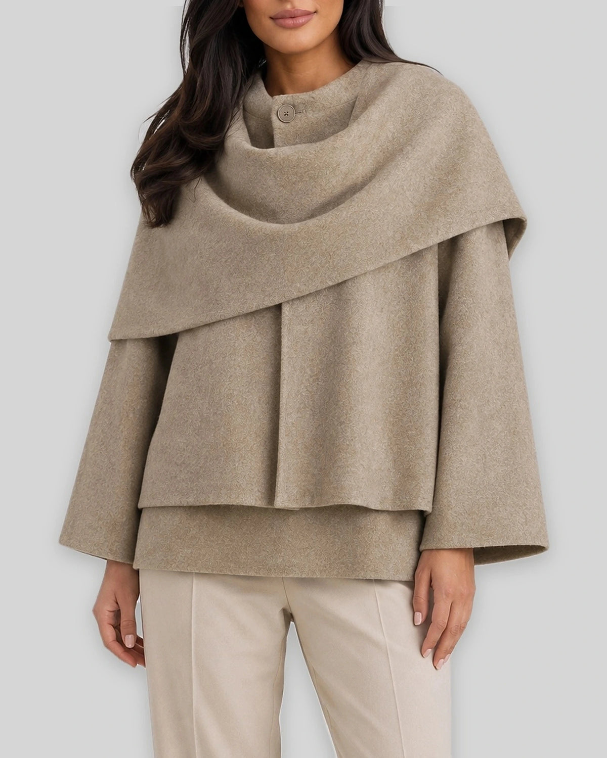 Women's Coat with Draped Cape Collar, Scarf Neck and Button Detail – Josie Lou