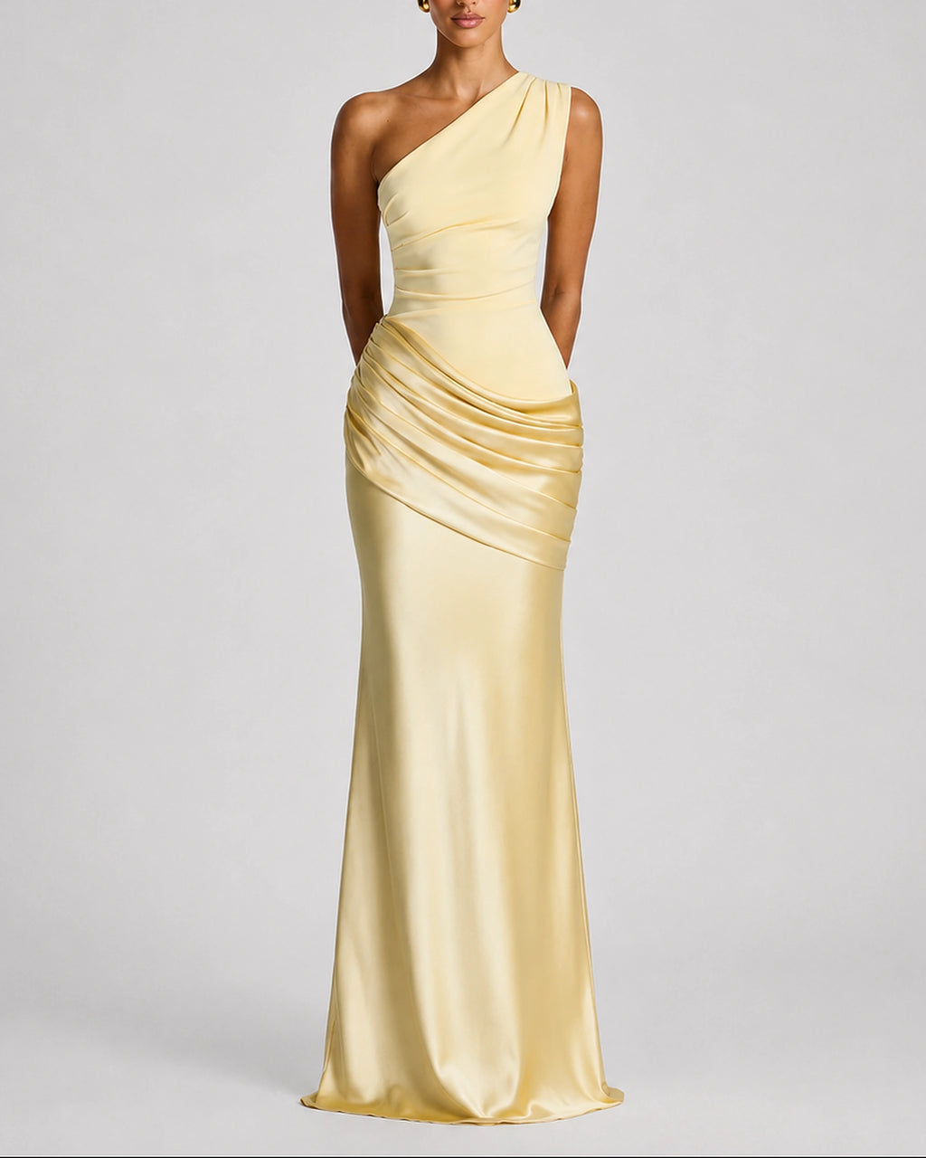 Women's One Shoulder Maxi Dress with Ruched Waist, Draped Satin-Look Fabric – Keira Belle