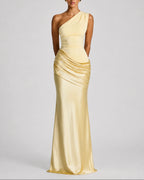 Women's One Shoulder Maxi Dress with Ruched Waist, Draped Satin-Look Fabric – Keira Belle