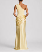 Women's One Shoulder Maxi Dress with Ruched Waist, Draped Satin-Look Fabric – Keira Belle